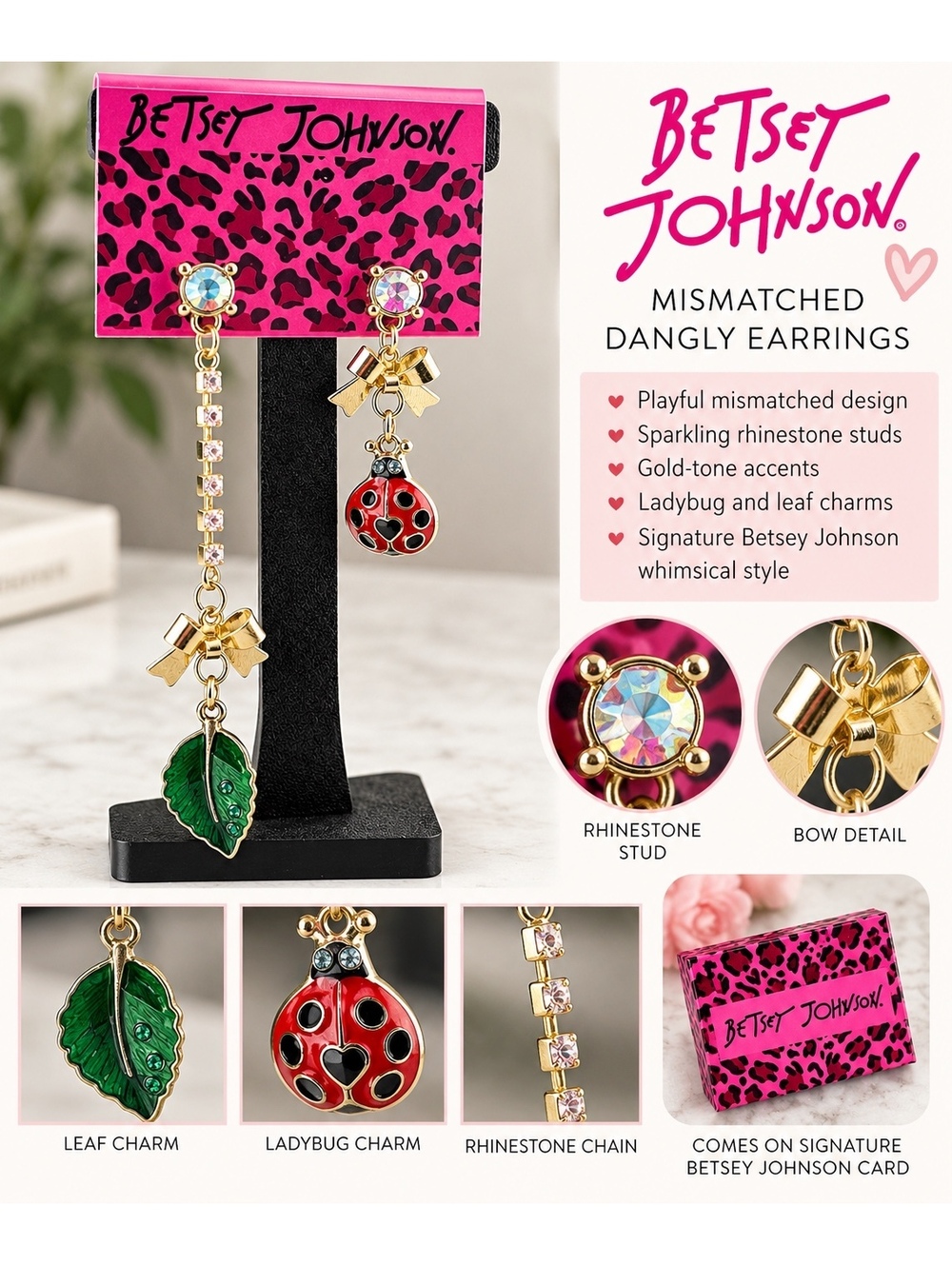 Betsey Johnson Mismatched Dangly Earrings with Ladybug